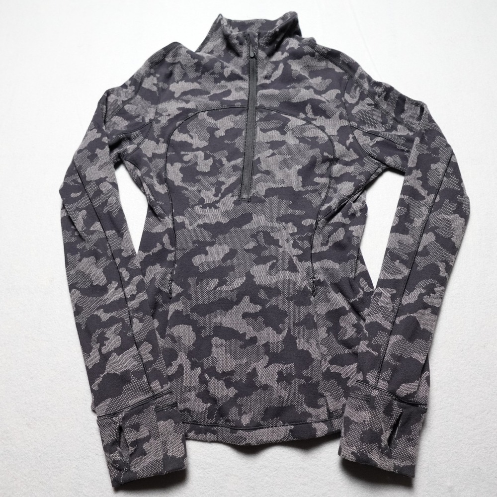 Lululemon Pullover Women 4 Gray Camo 1/4 Zip Mock Neck Running LW3EE6S